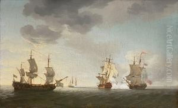 The Taking Of The French 
Merchantmen 'marquese D' Antin' And 'louis Erasme' By The English 
Privateers 'prince Frederick' And 'duke', 10th. July Oil Painting by Charles Brooking