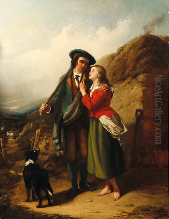 A Highlander And His Lass With A
 Sheepdog And His Flock, With Distant Views Of A Loch And Mountains Oil Painting by Thomas Brooks