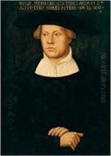 Portrait Of Wolff Fuerleger, 
Aged 32, Three Quarter Length, Wearing An Embroidered Black Coat Oil Painting by Hans Brosamer