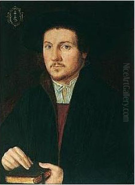 A Portrait Of A Man, Possibly A 
Doctor, Half Length, Wearing A Black Fur-lined Cape, Black Hat And 
Holding A Book Oil Painting by Hans Brosamer