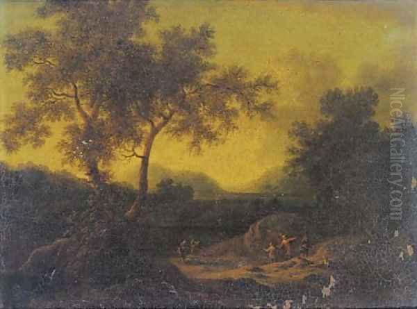 A wooded landcape with shepherds and other figures with a flock of sheep on a track Oil Painting by Adriaen Frans Boudewijns