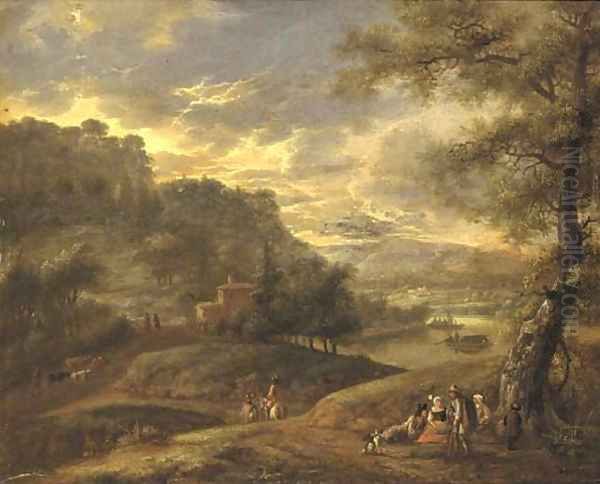 An extensive wooded river landscape with travellers resting on a path Oil Painting by Adriaen Frans Boudewijns