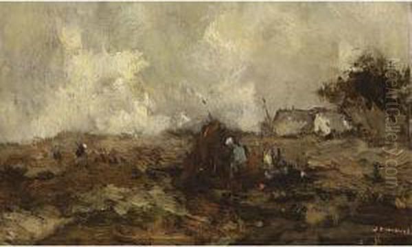 A Landscape With Figures And A Farmhouse Under A Clouded Sky Oil Painting by Jules Brouwers