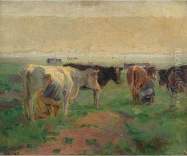 Milking Time In Norfolk Oil Painting by John Alfred Arnesby Brown