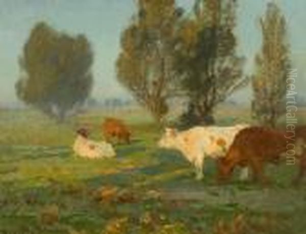 Cattle Grazing In Water Meadows Oil Painting by John Alfred Arnesby Brown