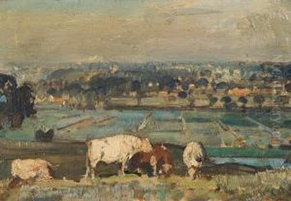 The Hilltop Near Beccles And The Pair A Fenland Landscape With Cattle And Windmill Oil Painting by John Alfred Arnesby Brown