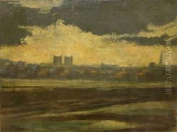 Landscape With Town To Distance Oil Painting by John Alfred Arnesby Brown