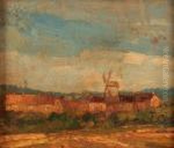 Norfolk Country Landscape With Distant Town And Windmill Oil Painting by John Alfred Arnesby Brown