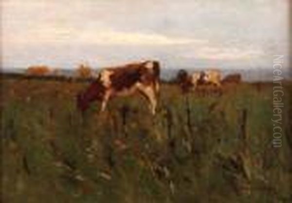 Cows Grazing In A Field With Coastline Beyond Oil Painting by John Alfred Arnesby Brown