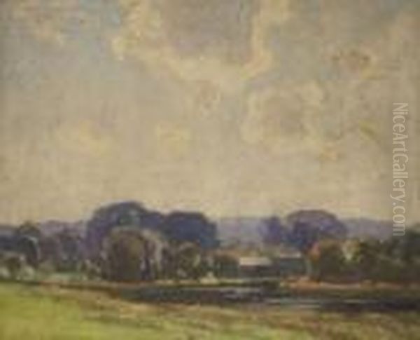 River Landscape With Farmstead In Distance Oil Painting by John Alfred Arnesby Brown