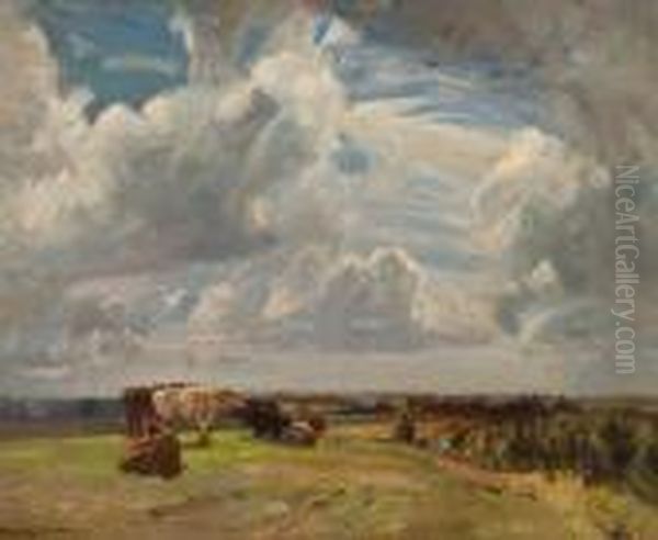 Cattle In A Landscape Beneath Summerskies Oil Painting by John Alfred Arnesby Brown