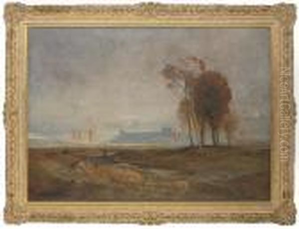 A Figure In An Extensive Landscape With A Castle Beyond Oil Painting by John Alfred Arnesby Brown