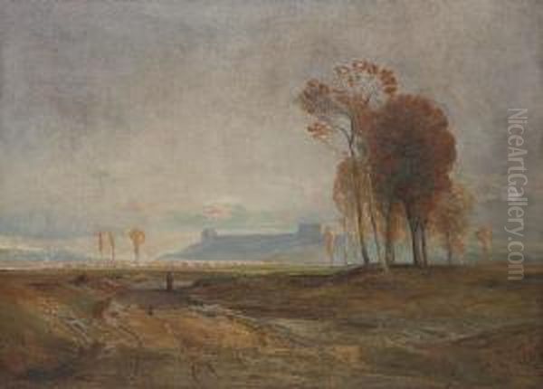 A Figure In An Extensive Landscape With A Castle In The Distance Oil Painting by John Alfred Arnesby Brown