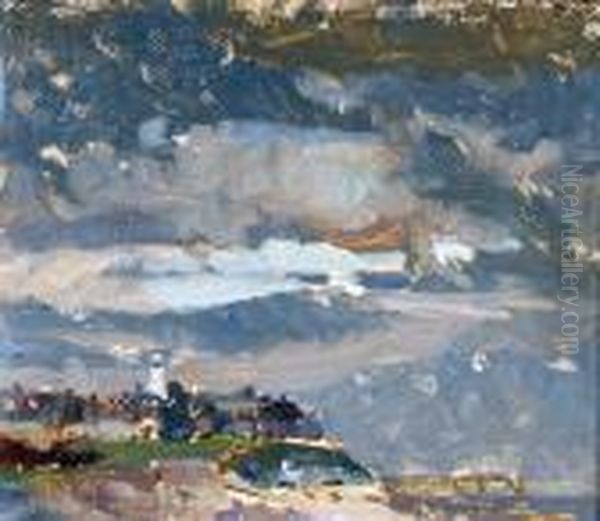 View Of Cromer, Lighthouse With A Pier Beyond Oil Painting by John Alfred Arnesby Brown