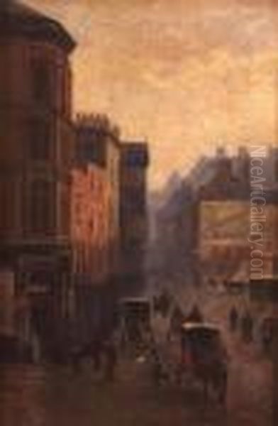 Nottingham High Street With Figures,horse And Carriages Oil Painting by John Alfred Arnesby Brown