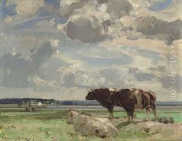Cows Grazing On A Marsh Oil Painting by John Alfred Arnesby Brown
