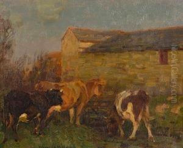 Cattle Before A Barn Oil Painting by John Alfred Arnesby Brown
