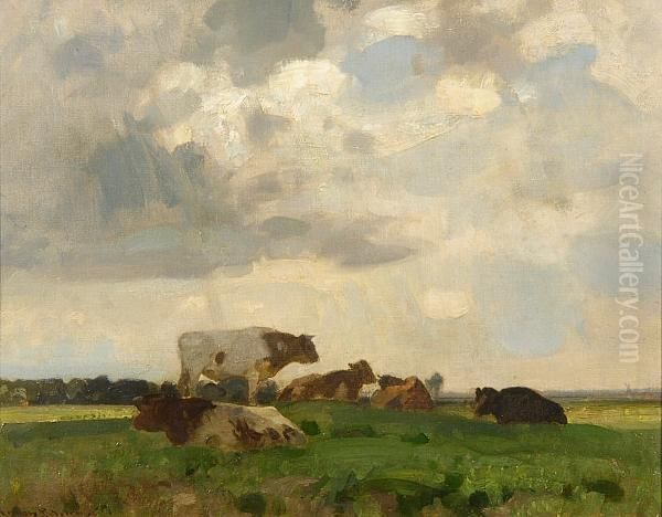 Cows Resting In A Meadow Oil Painting by John Alfred Arnesby Brown
