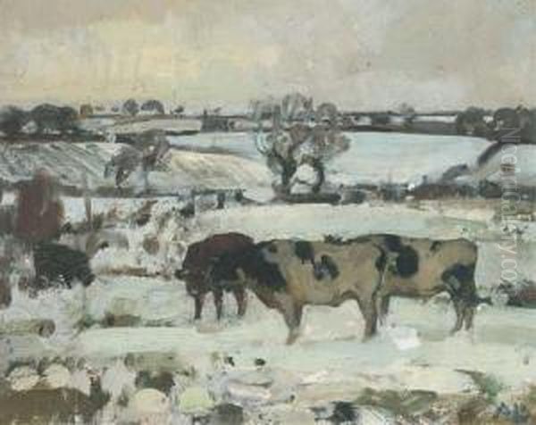 Cattle In A Winter Landscape Oil Painting by John Alfred Arnesby Brown