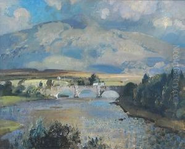 Bridge Over The River With Mountains Beyond Oil Painting by John Alfred Arnesby Brown