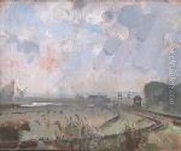 Distant Wherry And Windmill On Haddiscoe Marsh Oil Painting by John Alfred Arnesby Brown