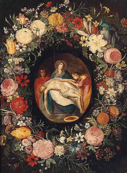 The Lamentation in a medallion surrounded by a garland of flowers Oil Painting by Jan Brueghel the Younger