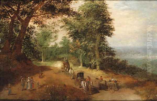 An extensive wooded Landscape with Travellers on a Track Oil Painting by Jan Brueghel the Younger