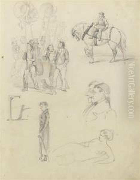 A Sheet Of Sketches Including Figures At A Parade And Onhorseback Oil Painting by Hablot Knight Browne