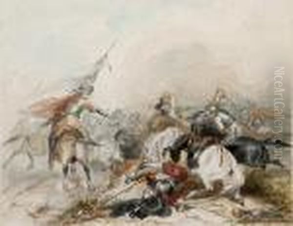 Battle Scene Between Cavaliers And Roundheads Oil Painting by Hablot Knight Browne
