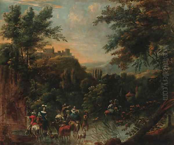 An extensive landscape with a hunting party and drovers watering cattle at a stream, a hilltop village beyond Oil Painting by Nicolaes Berchem