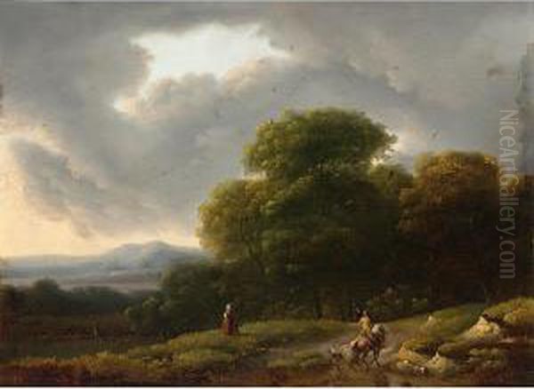 A Horseman On A Country Road And Figures In The Fields Oil Painting by Lazare Bruandet