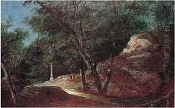 A Wooded Landscape With Figures In A Clearing By A Monument Oil Painting by Lazare Bruandet