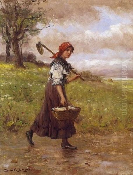 Little Girl In Red Head-kerchief And Little Basket Oil Painting by Lajos Bruck