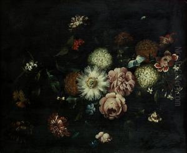 A Passion Flower, Honeysuckle, 
Carnations, Roses And Other Flowers On A Stone Ledge With A Butterfly Oil Painting by Jan Peeter Brueghel