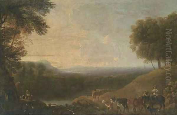 A wooded river landscape with a drover and cattle on a track Oil Painting by Nicolaes Berchem