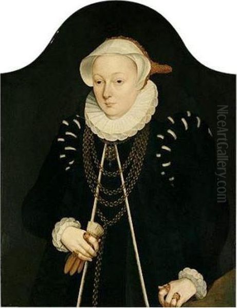 Portrait Of A Lady, Half-length,
 Wearing Black, With A Gold Chain And A White Embroidered Head-dress Oil Painting by Barthel Bruyn