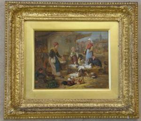 With Figures, Turkeys, Geese Oil Painting by Henry Charles Bryant
