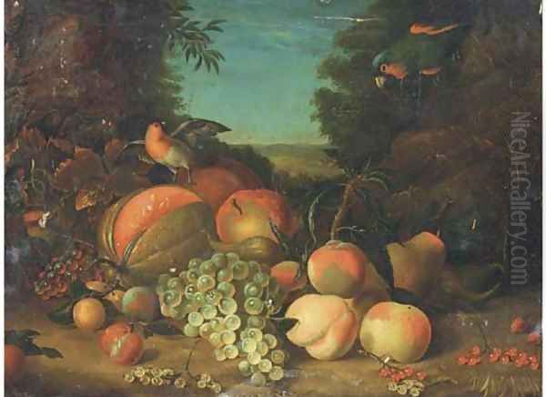 Still life of grapes, peaches, plums, berries and a melon Oil Painting by William Jones Of Bath
