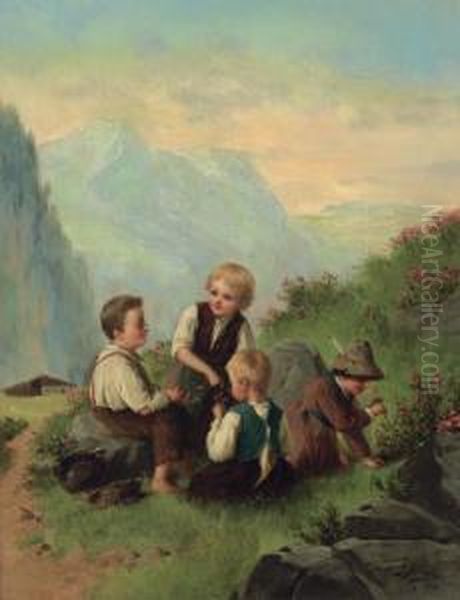 Bambini Che Raccolgono Rododendri Oil Painting by Josef Bche