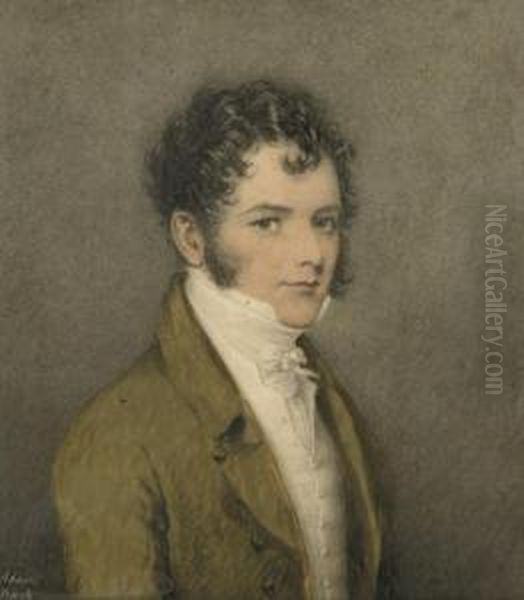 Portrait Of A Young Gentleman, 
Half-length, In A Green Coat With A White Waistcoat And Stock Oil Painting by Adam Buck