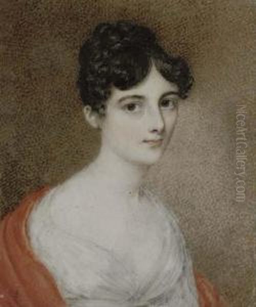 A Young Lady In White Dress With Scarlet Stole Over Her Shoulders,her Dark Hair Upswept Oil Painting by Adam Buck