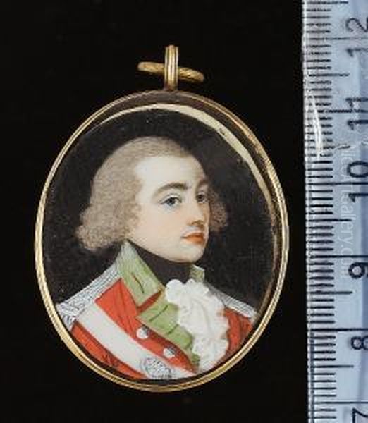 Two Portraits: An Infantry 
Officer, Possibly Irish Militia Or Volunteers, Wearing Scarlet Coat With
 Grass-green Facings, The Silver Buttons Possibly With Harp Device 
Thereon, Silver Epaulettes And White Shoulder Belt; And A Boy, Wearing 
Red Skelet Oil Painting by Frederick Buck