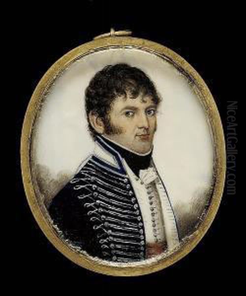 An Officer Of The 7th, 17th Or 
18th Light Dragoons, Wearing Dark Blue Jacket With White Collar, Heavily
 Braided In Silver, Worn Open To Reveal A White Waistcoat And Crimson 
Sash, Black Stock And White Cravat Oil Painting by Frederick Buck