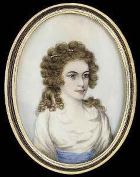 A Lady, Wearing White Dress With
 Blue Waistband And Strand Of Pearls In Her Powdered Hair Oil Painting by Frederick Buck