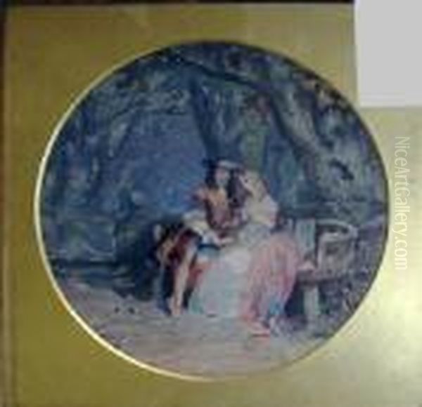 'a Cavalier And His Love Seated 
Beneath A Tree', Handcoloured Engraving, 22cm Diam, Signed In The Stone,
 In Gilt Frame Oil Painting by John Edmund Buckley