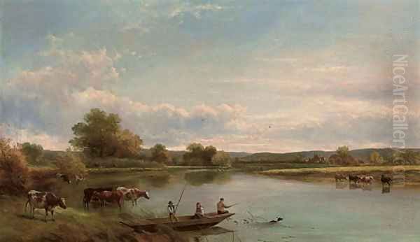 Figures in a punt, with cattle watering Oil Painting by Adam Barland