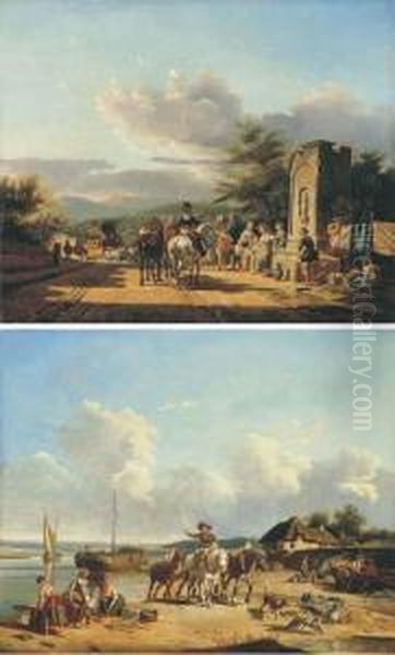 Washerwomen In A Landscape; And Travellers On A Path By Anestuary Oil Painting by Philippe Budelot