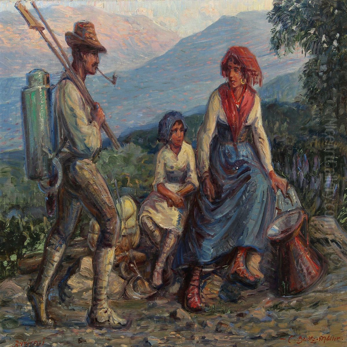 Scenery From Italy With Family Taking A Rest Oil Painting by Carl Budtz-Moller
