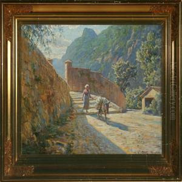 Southern Landscape With Woman And Donkey Oil Painting by Carl Budtz-Moller