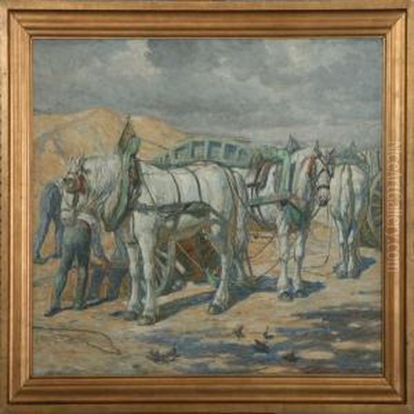 Scenery With Horses Oil Painting by Carl Budtz-Moller